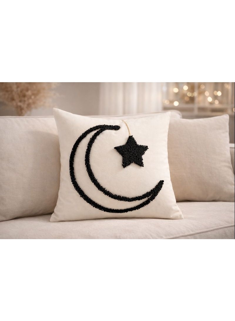 Home Care Ramadan Eid Moon & Star Cushion Cover | White Pillow Case with Black Beaded Embroidery, Elegant Islamic Home Decor for Sofa, Bed & Living Room - Image 2